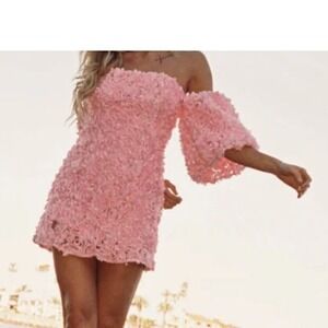 Klesis Off Shoulder Mini Dress Pink FloralRosette Puff Sleeve Cocktail Sz L $140